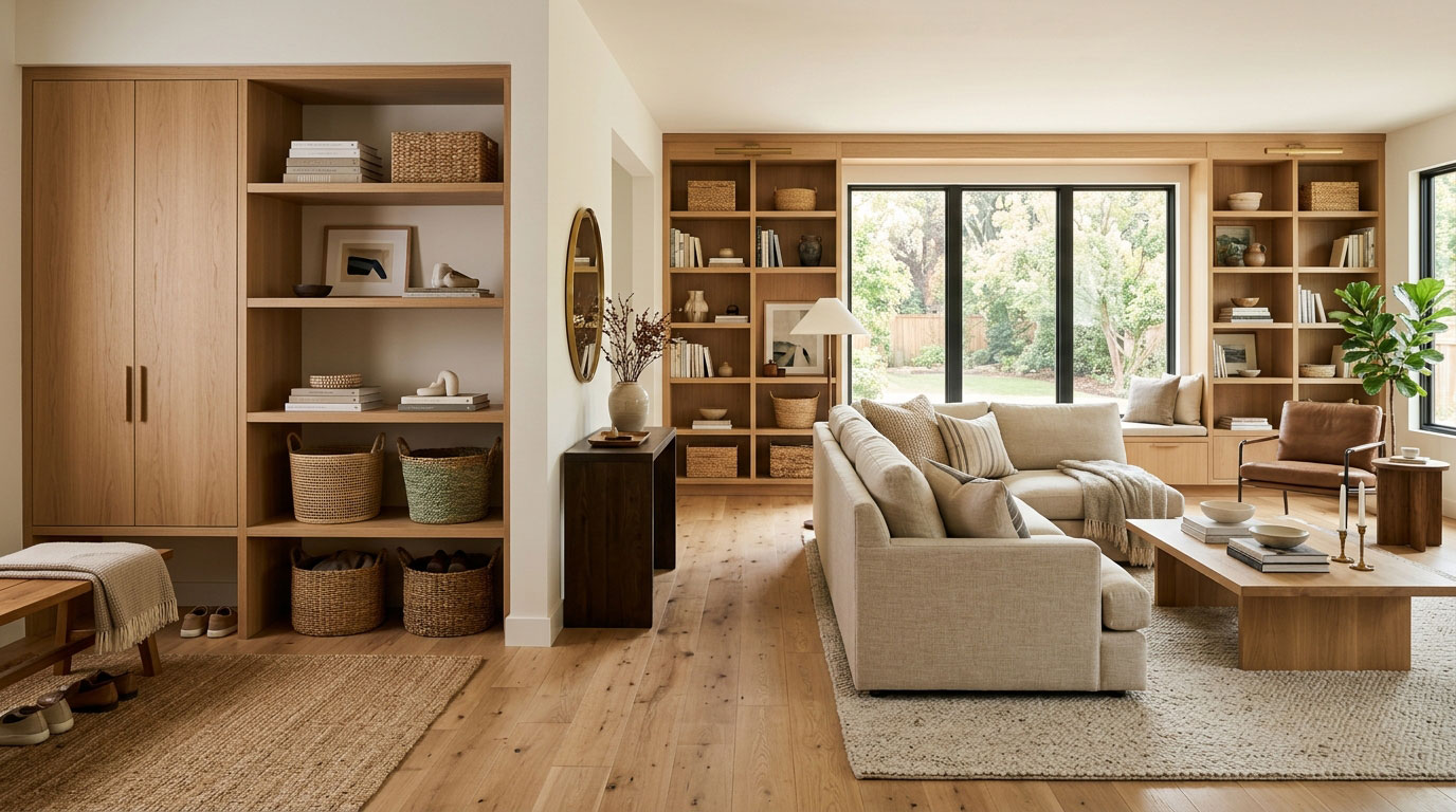 Living room built-in storage designed to reduce visible clutter