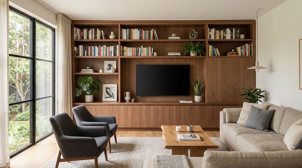 Living room built-in storage designed to reduce visible clutter