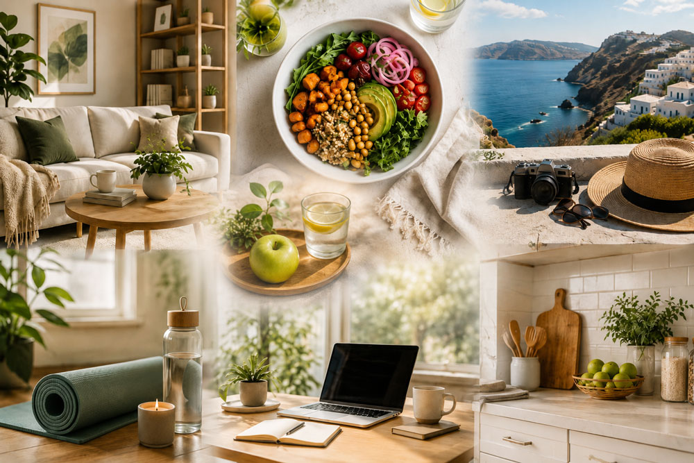 A collage featuring cozy home interiors, a colorful salad bowl with avocado and chickpeas, a scenic coastal view with white houses and blue sea, a yoga mat and water bottle, a minimalist workspace with a laptop and plants, and a bright kitchen with fresh apples and wooden utensils — symbolizing wellness, travel, and mindful living.